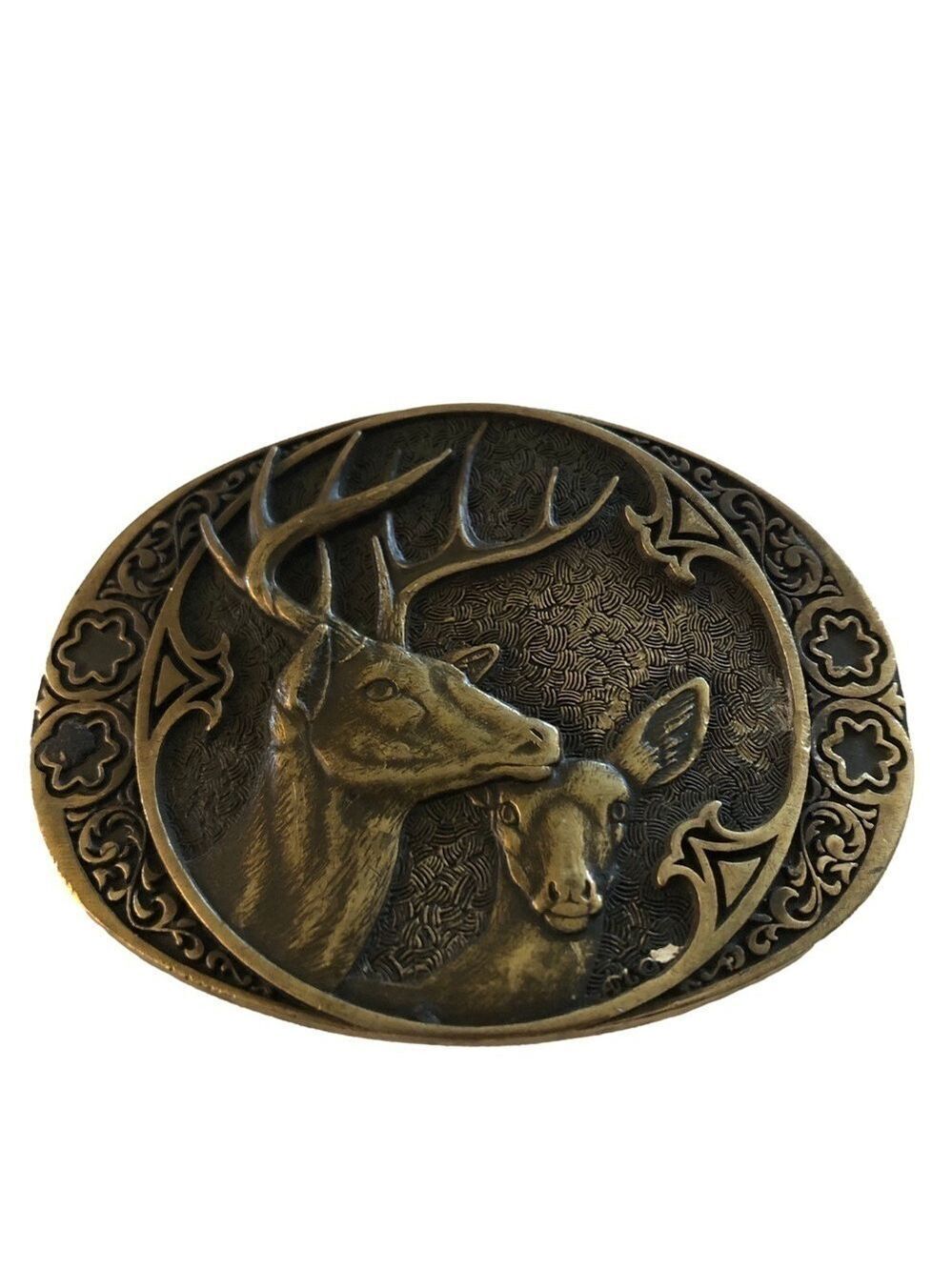 Award Design Medals brass belt buckle with deer. Buck and doe. Hunter, nature